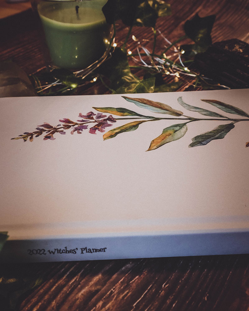 White hardcover notebook with a watercolour painting of sage.  2022 Witches' Planner is written on the spine.