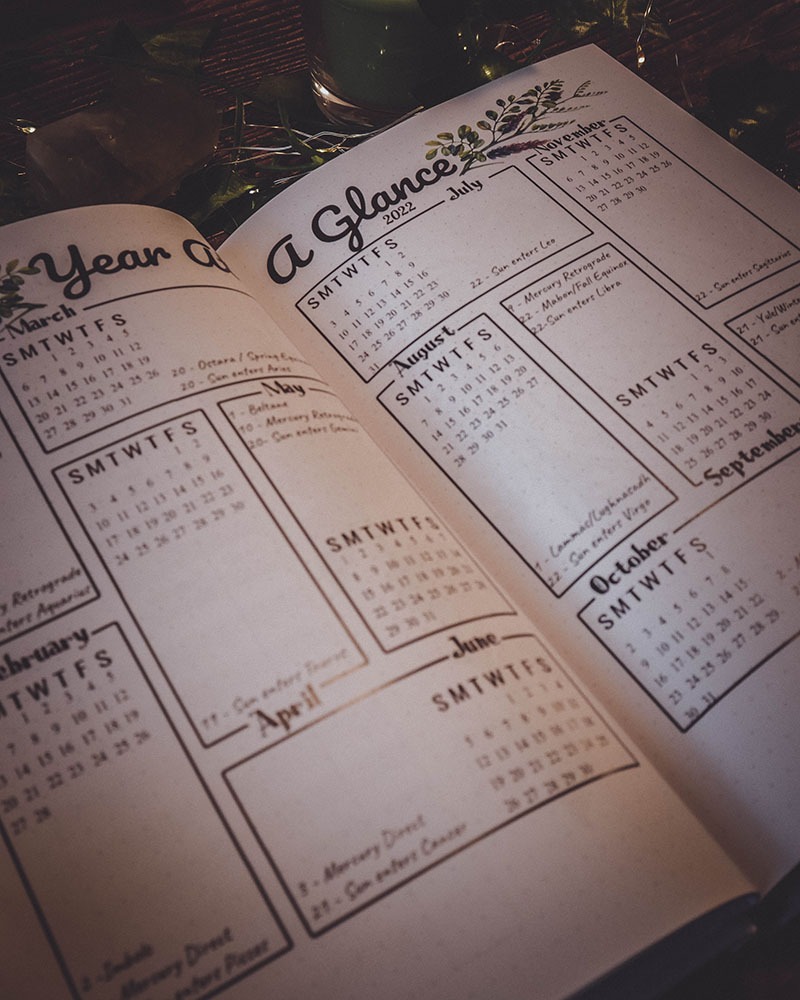 2022 witches planner preview of the year at a glance page - 2 page spread divided into the 12 months