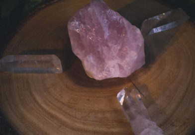 a simple crystal grid set up on a slice of wood. a large rose quartz sits in the center with 3 clear quartz radiating out from the center stone.